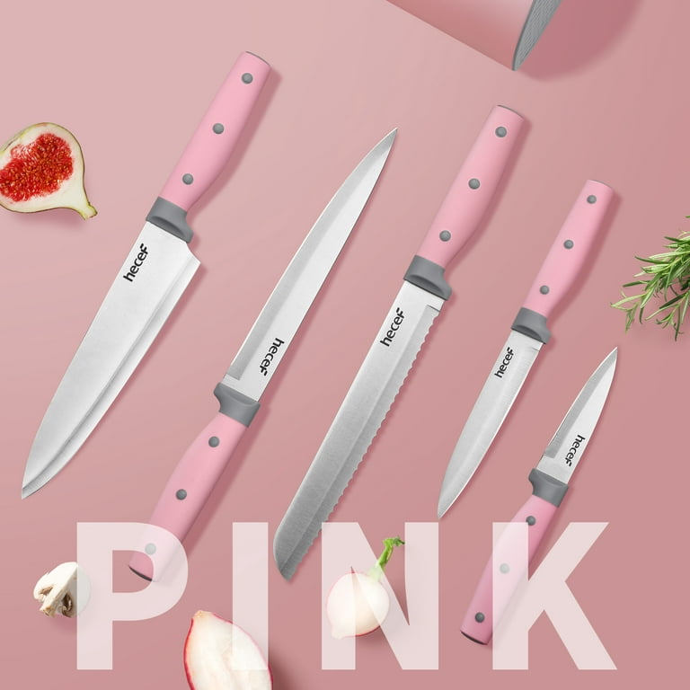 Hecef Kitchen Knife Block Set, 14pcs High Carbon Stainless Steel Cutlery Knife Set with Sharpener, Size: One size, Pink