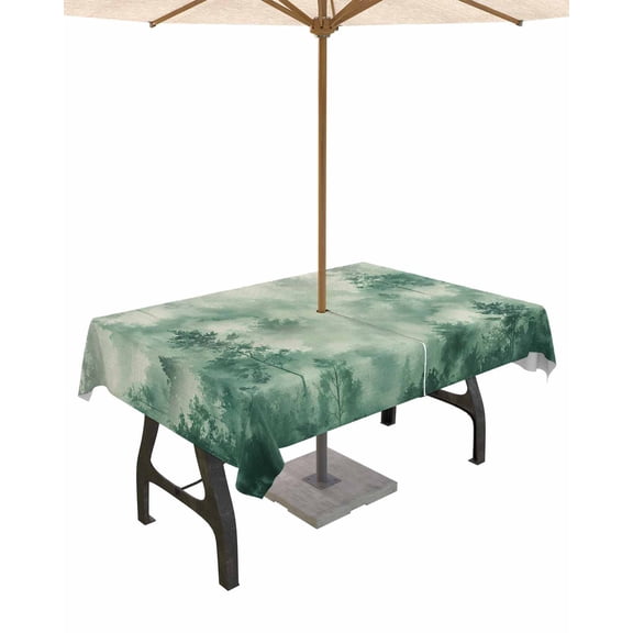Outdoor Tablecloth with Umbrella Hole for Patio/Picnic/Party/Camping, Green Forest Rustic Waterproof Table Cloth Rectangle Table Cover Washable, Vintage Nature Tree Scenery Beige 52"x 70"