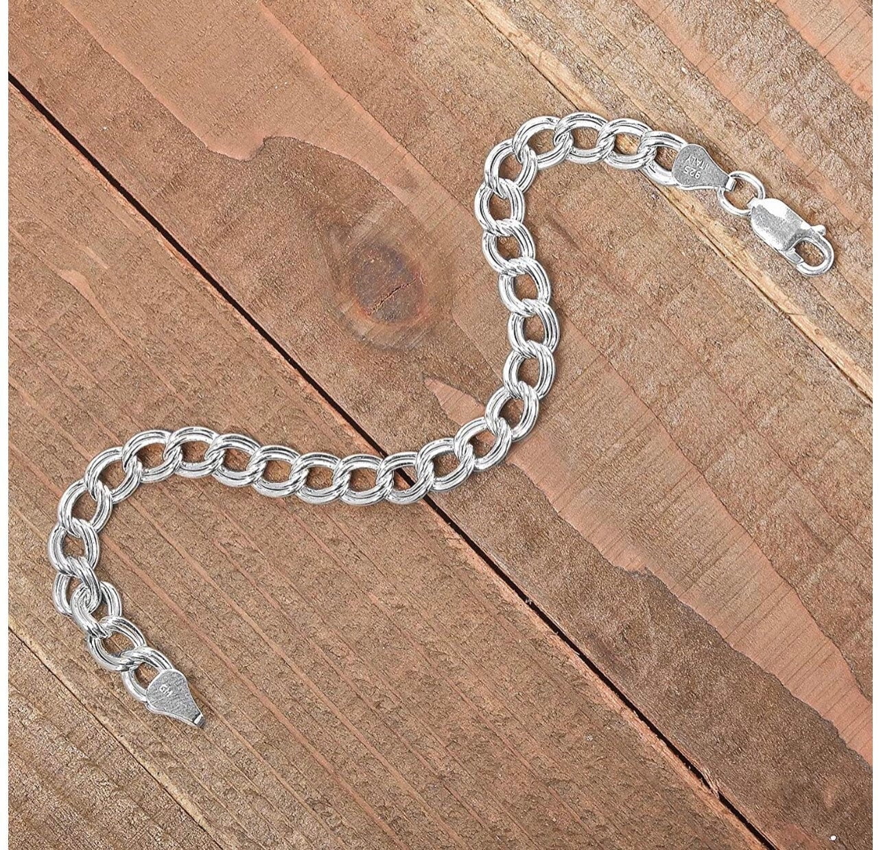 925 Sterling Silver Double Link Charm Bracelet 4 5 6 7 8MM Width: 6mm, Bracelet length: 9