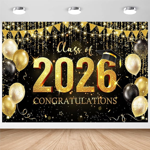 Graduation Backdrop Black and Gold Congratulations 2026 Graduation Background Class of 2026 Graduate Party Decorations Banner Supplies Photo Booth Props