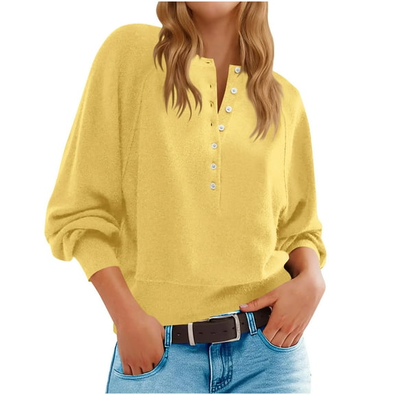 Womens Baggy Sweaters with Buttons Lantern Long Sleeve Trendy Pullover Knit Tops Soft Casual Fall Jumpers Knitwear (XL, Yellow)