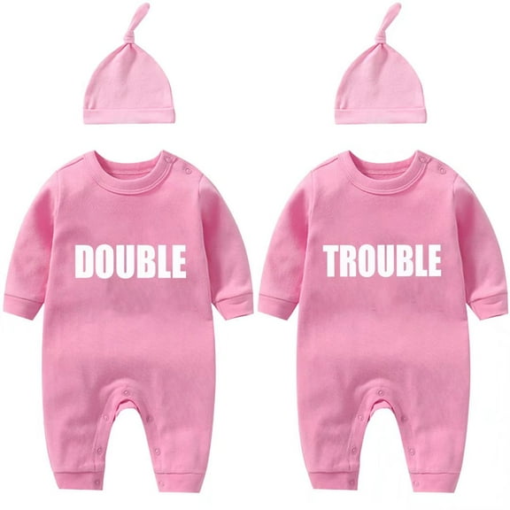AOUYOA Baby Twins Bodysuits Newborn Baby Outfit with Hair Band Funny Double Trouble Clothing Set with Hat