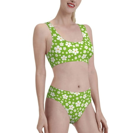 Uemuo Green White Flowers Printed Women s High Waisted Bikini Sets Sporty Two Piece Swimsuits Color Block Cheeky High Cut Bathing Suits-X-Large