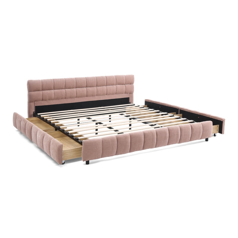 King Size Upholstered Platform Bed with 4 Storage Drawers, Low-Profile Chenille Grounded Bed with Headboard and Solid Frame, No Box Spring Needed