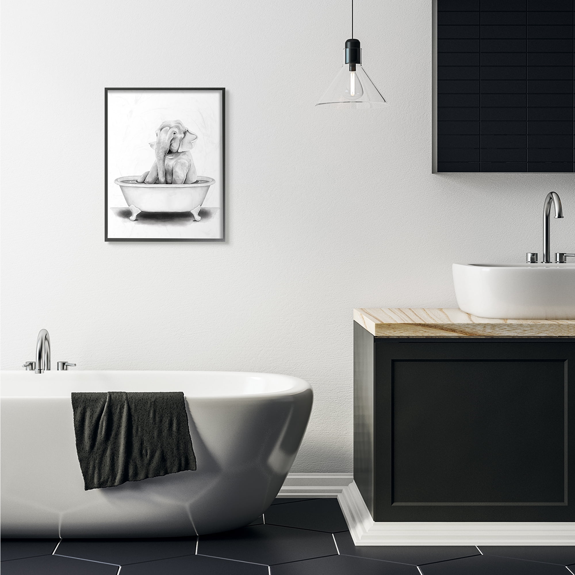 Stupell Industries Elephant In A Tub Funny Animal Bathroom Drawing Black Framed Art Print Wall Art, 16x20, by Rachel Neiman
