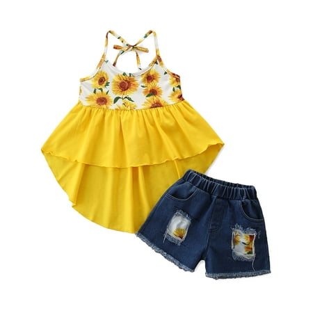 

Bmnmsl Girls Sunflower Print Set Irregular Hem Sling Tops Ripped Denim Shorts
