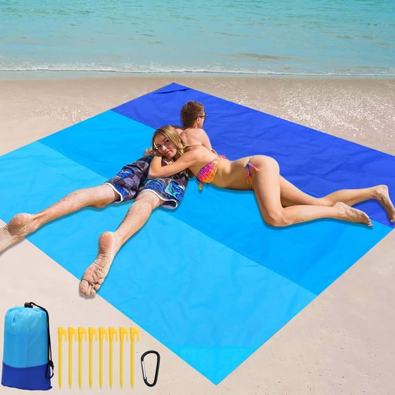 Blue Beach Blanket Anti Sand, Fold Beach Mat With 4 Corner Stakes, Suitable For Outdoor Camping, Travel, Vacation, Hiking, Polyester Material, Super Large And Lightweight Picnic Beach Blanket