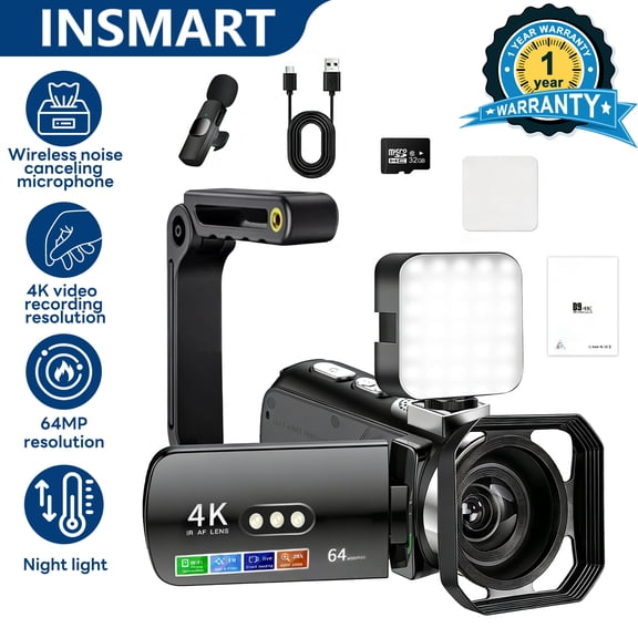 INSMART 4K Camcorder 64MP WiFi Vlogging Camera for YouTube, 28X Digital Zoom Touchscreen 3.0" Flip Screen Night Vision with Microphone, Remote Control, Lens Hood, 32GB Card, Battery