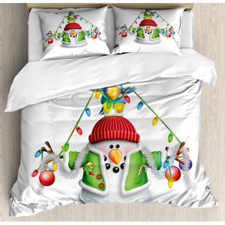 Snowman Duvet Cover Set Cartoon Whimsical Character With