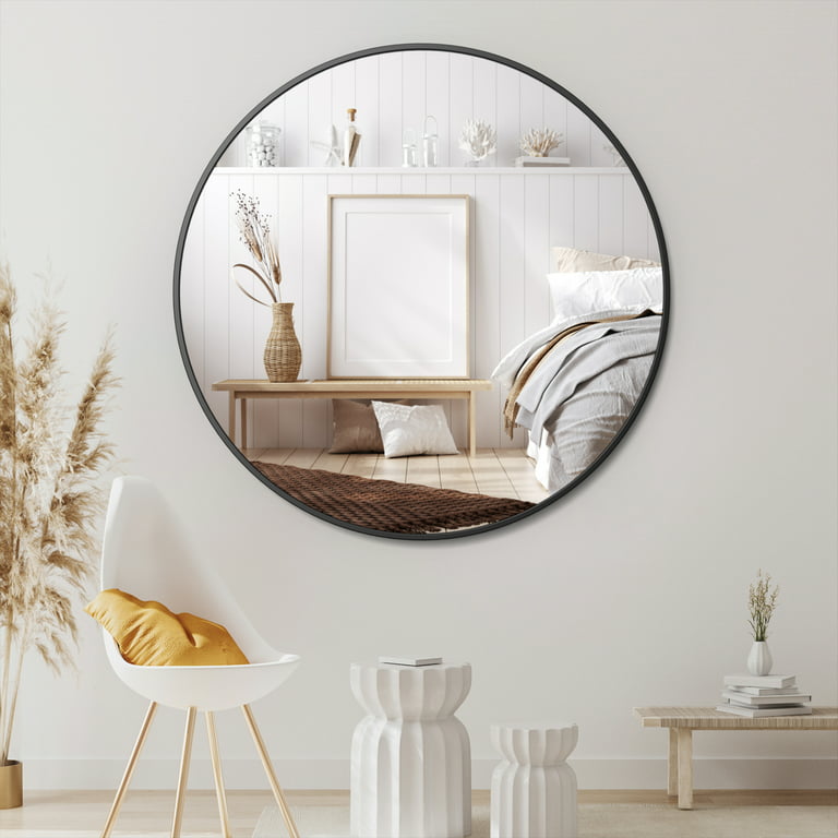 USHOWER 30 inch Black Round Mirror for Wall, Metal Frame Large Circle Mirror for Bathroom, Bedroom, Living Room and Entryway