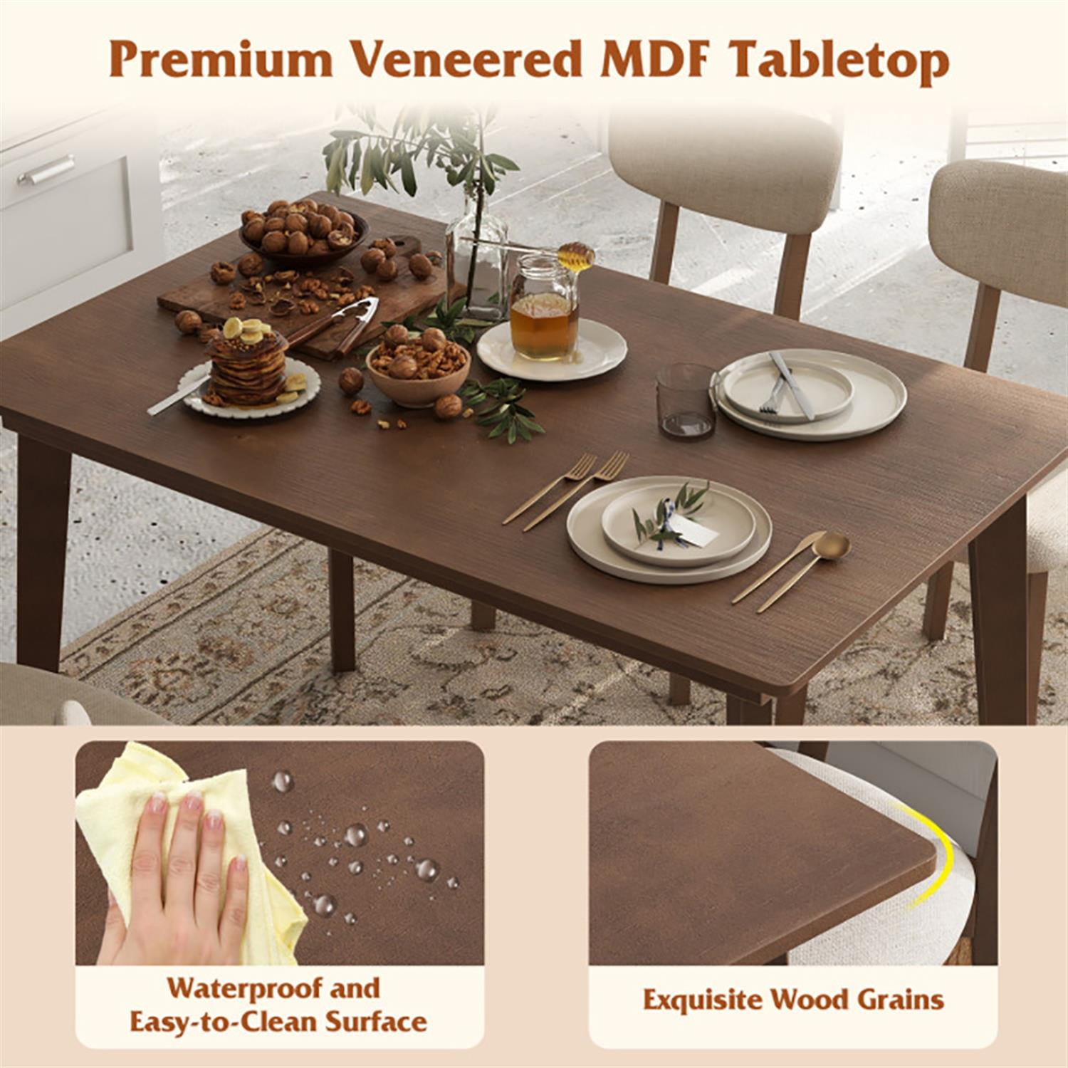 Demi Bonn 5-Piece Dining Table Set with 4 Chairs, 48" Kitchen Table with Rubber Wood Frame and Padded Set, Perfect for Small Space, Brown