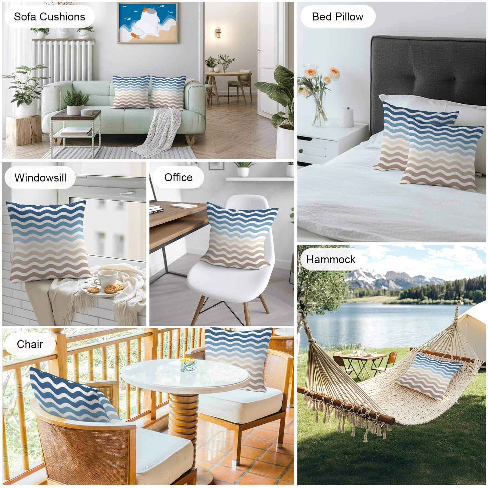 Blue Brown Gradient Outdoor Pillow Covers Set of 2 Water Ripple Waterproof Throw Pillow Case Decorative Square Cushion Cover for Patio Couch Garden Balcony, 18"x18"