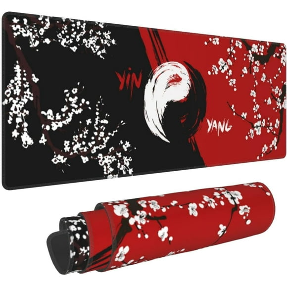 Japanese Cherry Blossom Black Red Gaming Mouse Pad 31.5 × 11.8 × 0.12 Inch Extra Large Keyboard Mouse Mat XL Non-Slip Rubber Base Personalized Desk Pad for Home Computer Office Laptop