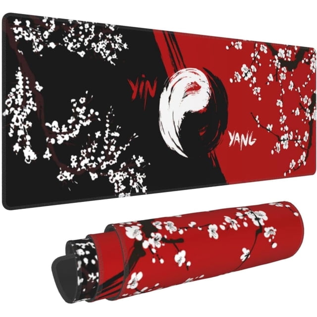 Japanese Cherry Blossom Black Red Gaming Mouse Pad 31.5 × 11.8 × 0.12 Inch Extra Large Keyboard Mouse Mat XL Non-Slip Rubber Base Personalized Desk Pad for Home Computer Office Laptop
