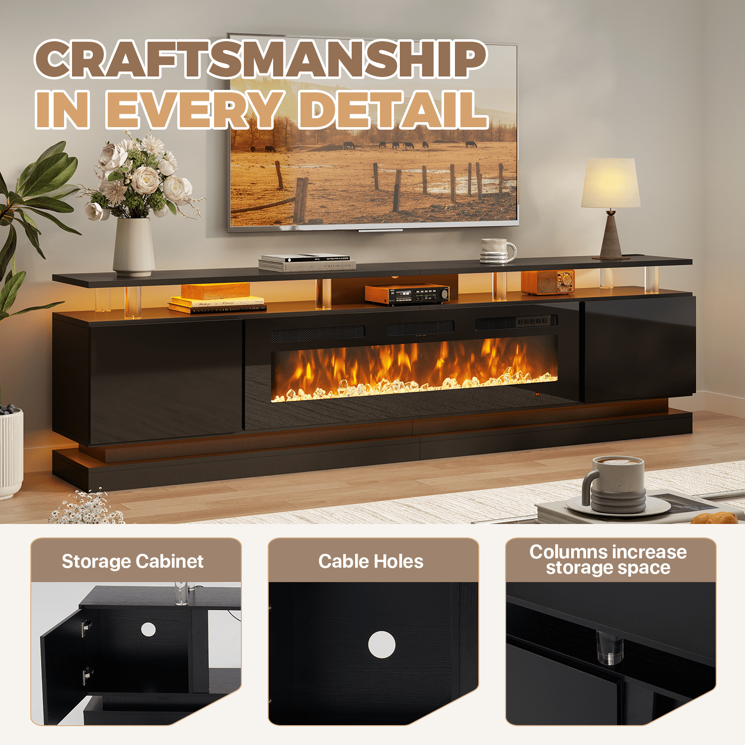 BaPiPro 90" Fireplace TV Stand for TVs up to 100", Modern Entertainment Center TV Console with Storage for Living Room, Black TV Stand and Black Fireplace