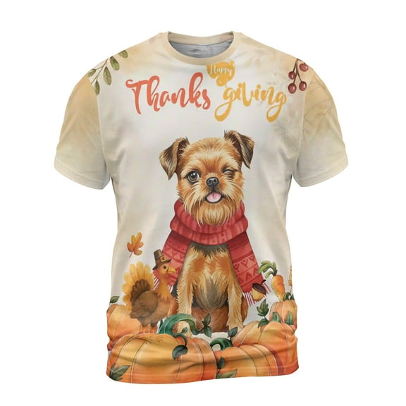 Happy Thanksgiving Brussels Griffon with Turkey Pumpkins Autumn Vibes All Over Print 3D Shirt Unisex Merch Griff Dog Lover - 12018