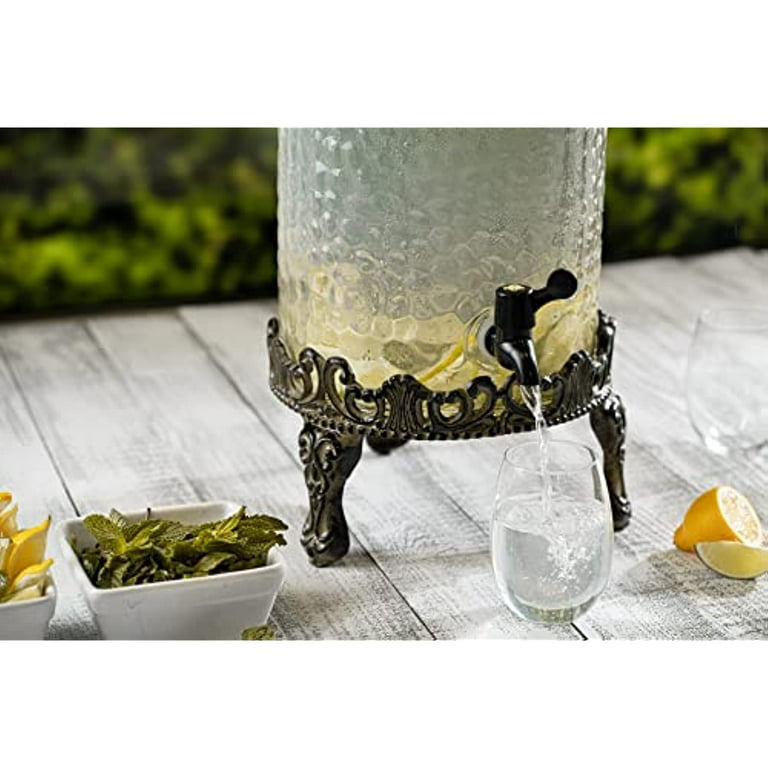 Elegant Home Hammered Glass Ice Cold Beverage Drink Dispenser - 2.7 Gallon,  With Glass Lid and Antique Metal Stand, 100% Leak Proof Spigot- Wide Mouth  Easy Filling For Outdoor, Parties & Daily