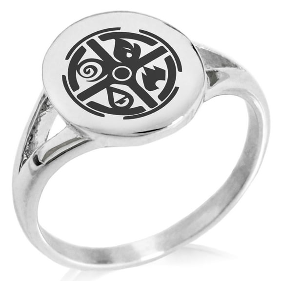 Stainless Steel Elementalism Magic Rune Minimalist Oval Top Polished Statement Signet Ring