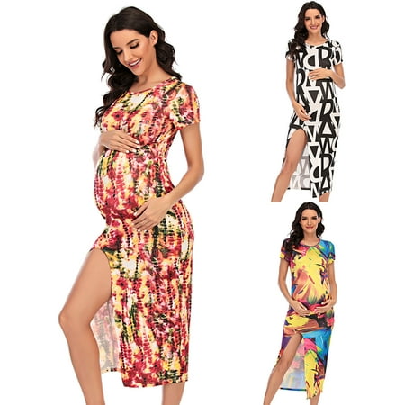 

Tejiojio Maternity/Labor/Nursing Clothing Clearance Plus Size Dress Round-neck Short-sleeved Printed Maternity Dress For Women
