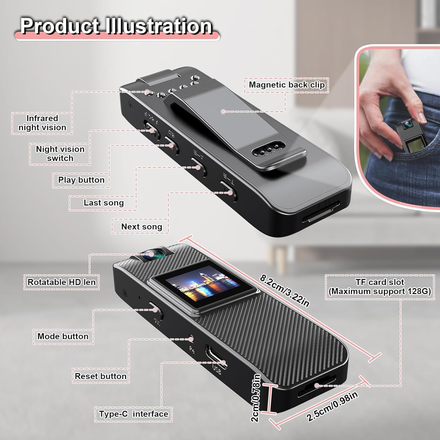 MUSICOZY Mini Body Camera HD 1080P Portable Video Recorder, Small Security Camera with 1.3 Inch Night Vision, 180° Rotatable Lens, Wearable Body Camera for Police Enforcement