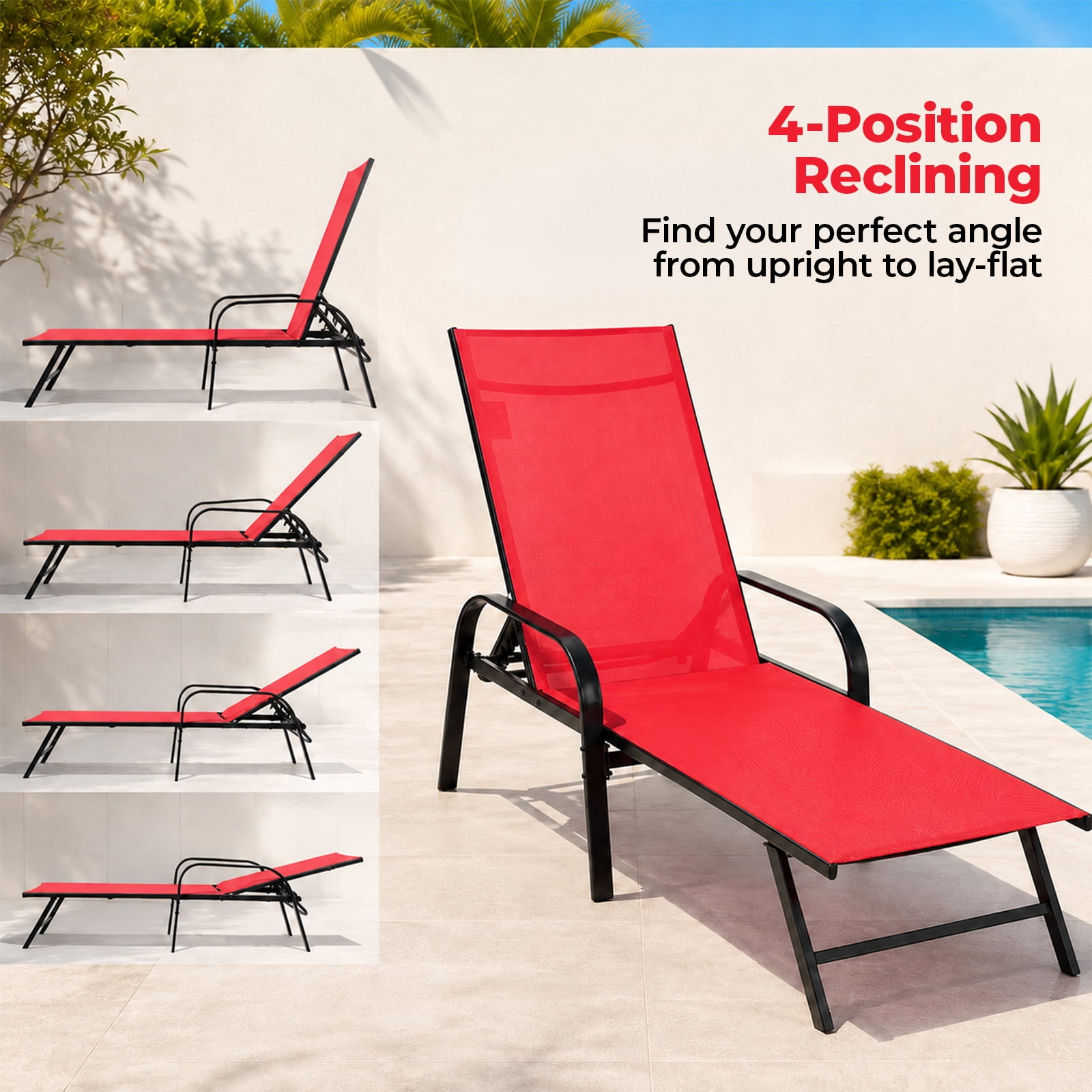 Alvantor Folding Chaise Lounge Chair, Patio Sun Tanning Chair with 4-Position Reclining Back, Outdoor Patio for Beach, Poolside, Yard