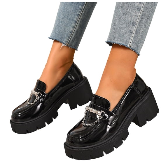 Rokment Women's Punk Metallic Chain Platform Slip on Penny Loafers Walking Shoes Trendy Casual Leather Chunky Lug High Heels Oxfords Dress Footwear Black Size 6.5