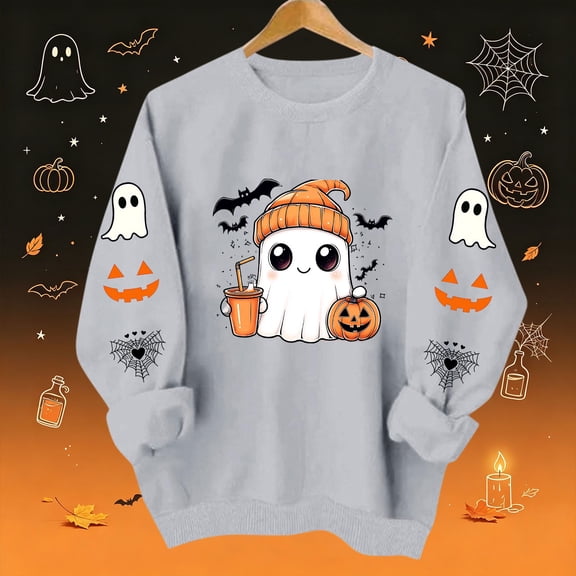 XSMGTUI Halloween Women's Sweatshirt Fall Ghost Fall Pumpkin Long Sleeve Casual Witch Bat Oversized Pullover Soft Comfortable Shirts Cute Vintage Graphic Top