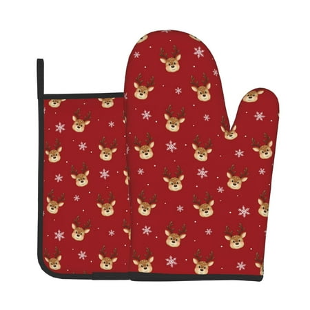

Junzan Christmas Deer B Pattern Oven Mitts and Pot Holders 2 pcs Set Potholders BBQ Gloves Long Kitchen Oven Glove for Cooking Baking Grilling (2-Piece Set 11 Inch)