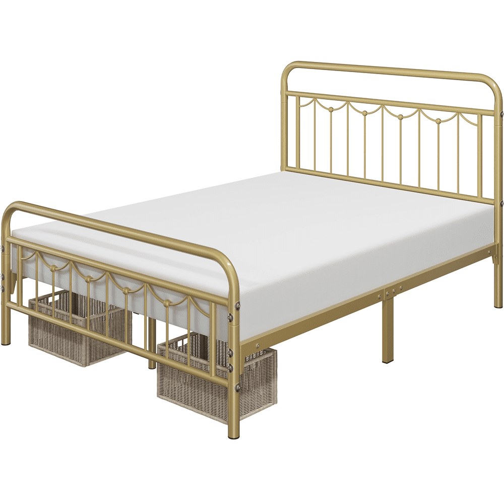 Alden Design Metal Platform Full Bed with Vintage Headboard, Adult, Antique Gold