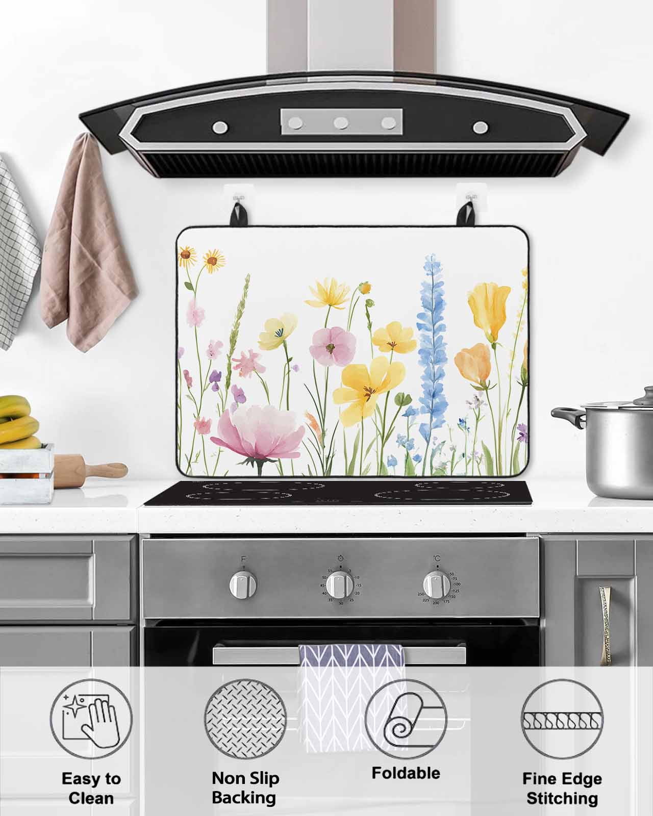 nqOlkjepod Large Induction Cooktop Protector Mat 36"x21", Verdant Flower Patterns Stove Top Covers for Electric Stove, Farmhouse Botanical Decorative Stove Burner Cover Mats, Glass Top Stove Cover