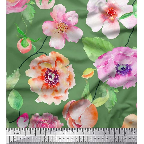 Soimoi Cotton Duck Fabric Leaves,Rose & Anemone Flower Print Sewing Fabric Yard 42 Inch Wide