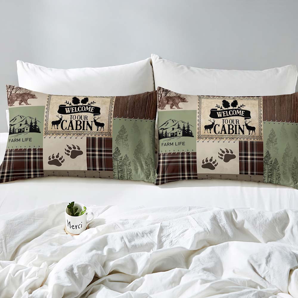 LUVIVIHOME 2PCS Cabin Farmhouse Bedding Set, Twin Duvet Cover, Bear Deer Elk Moose Woodland Animals Hunting Country Rustic Lodge Quilt Brown Plaid Patchwork Sage Green Comforter Cover, 1 Pillow Sham