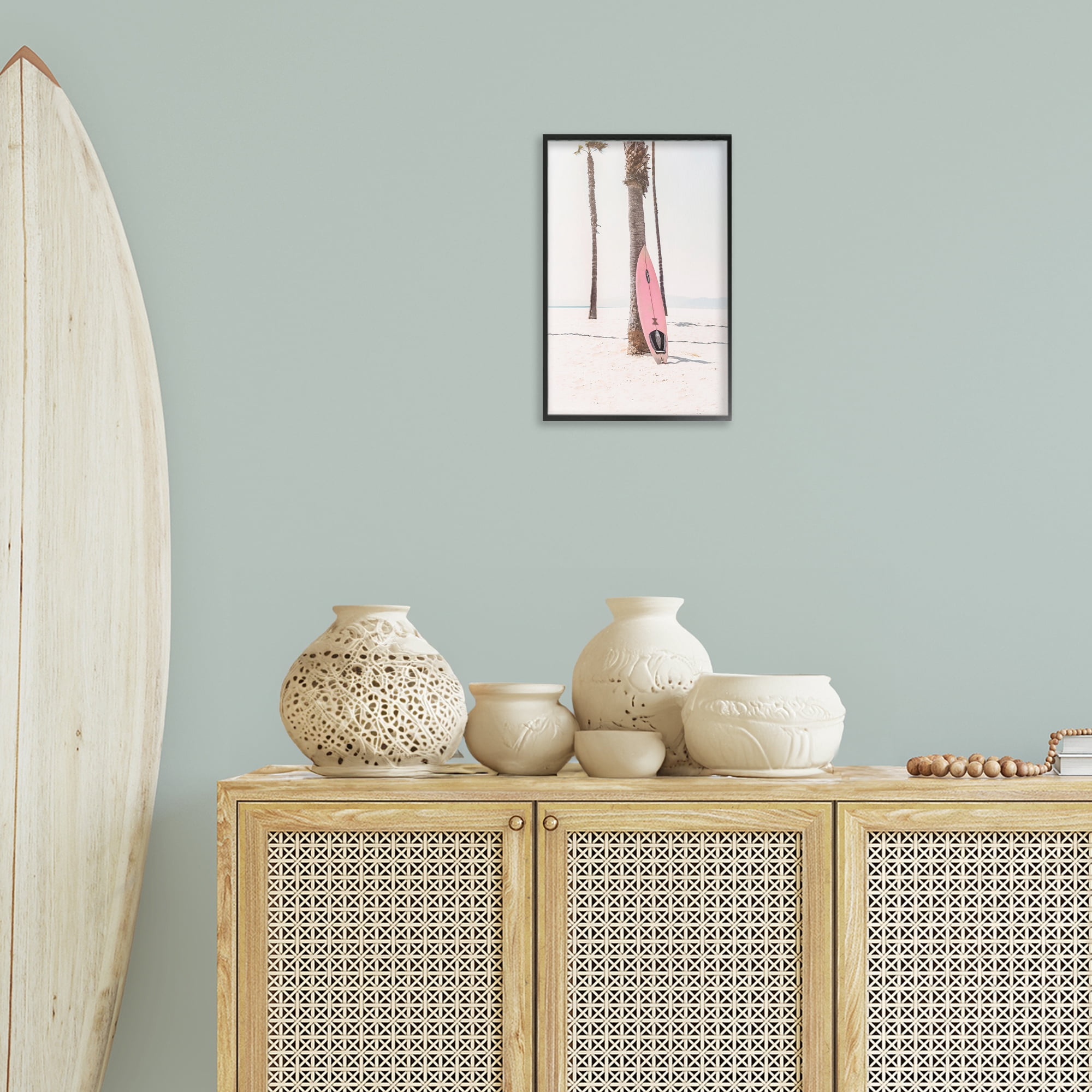 Stupell Industries Pink Surf Board Coastal Photography Black Framed Art Print Wall Art, 12 x 18