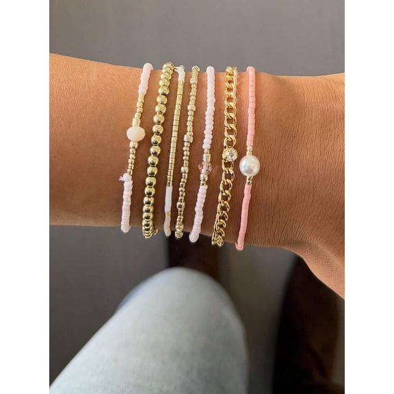 7-Piece Delicate Beaded Chain Stacking Bracelet Set in Multicolor for Daily Wear