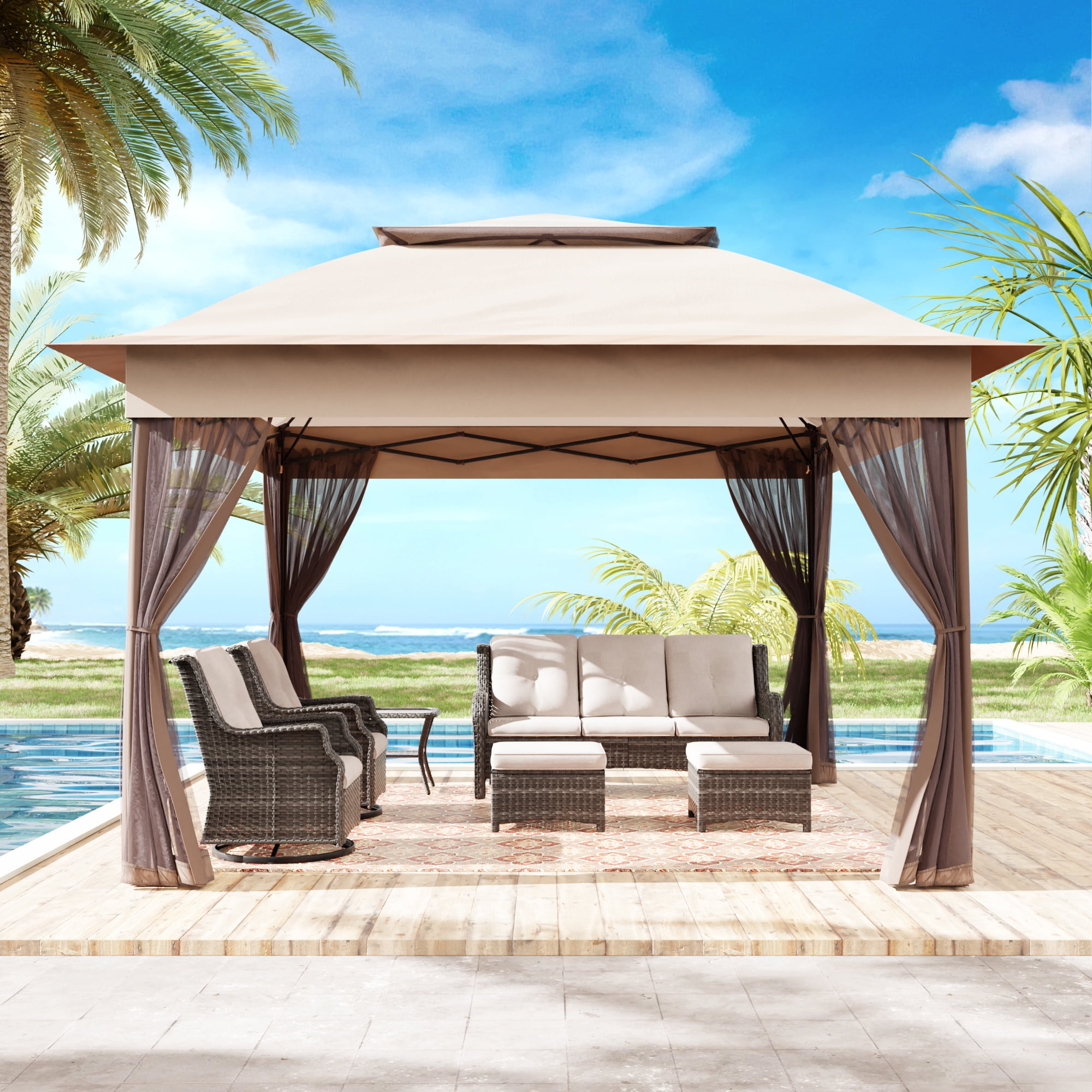 Meetleisure 11'x11' Pop Up Gazebo for Patios, Outdoor Canopy Tent with Sidewalls, Mosquito Netting, Pop Up Shelter for Wedding Party, Beige