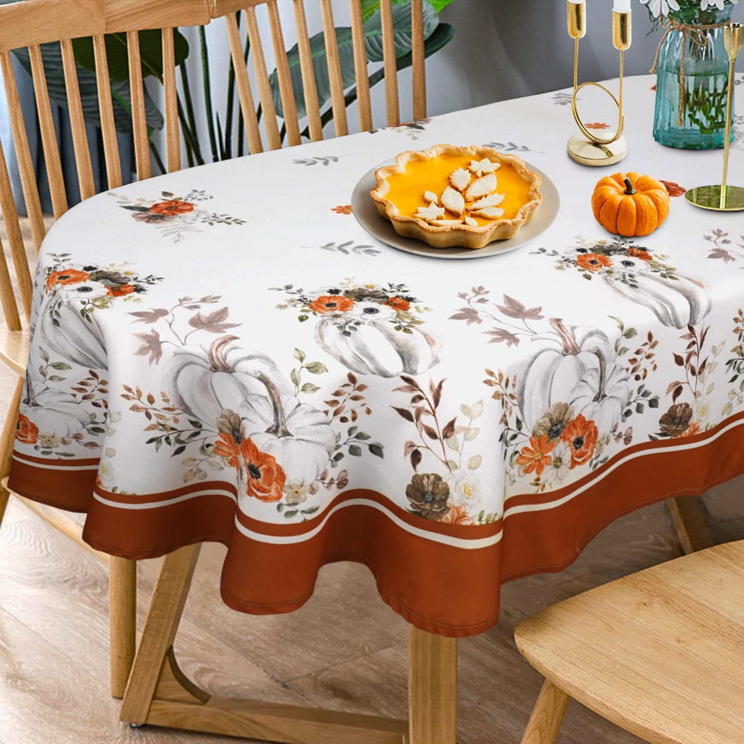 Fall Tablecloth Oval 60x84 Inch, Autumn Pumpkin Floral Thanksgiving ...