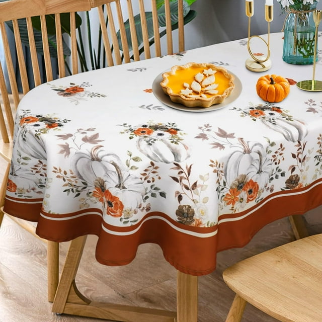 Fall Tablecloth Oval 60x120 Inch, Autumn Pumpkin Floral Thanksgiving Harvest Table Cloth Cover for Party Picnic Dinner Decor
