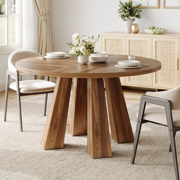 GOCAPTAIN 47" Farmhouse Dining Table for 4-6, Round Wood Dining Table With Sturdy 4-Leg Base, Modern Kitchen Table for Living Room, Apartment, Walnut Matte