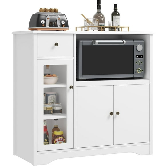 HORSTORS Storage Cabinet with 3 Doors and 1 Drawer, Buffet Cabinet Sideboard with Adjustable Shelves, Microwave Stand for Kitchen, Dining Room, White