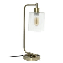 Simple Designs Bronson Antique Style Industrial Iron Lantern Desk Lamp with USB Port and Glass Shade, Antique Brass