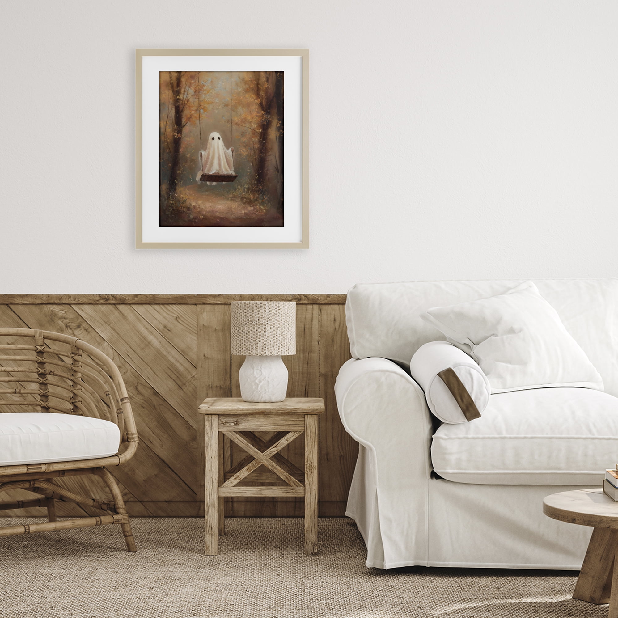 Eerie Swinging Ghost Birch Framed Print Under Glass, design by Arlington Prints