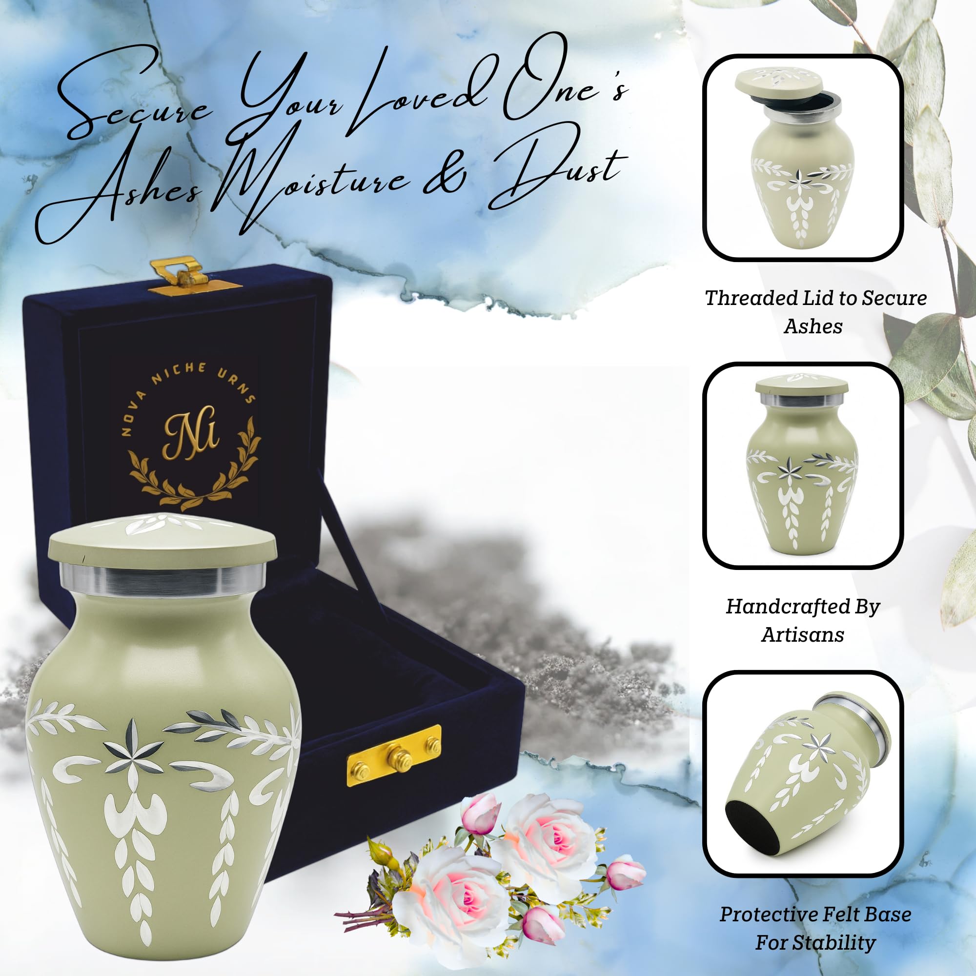 Nova Niche Off-White Bloom Metal Keepsake Cremation Urn with Handmade Floral Design Keepsake for Human Ashes with Velvet Box (3 in.)