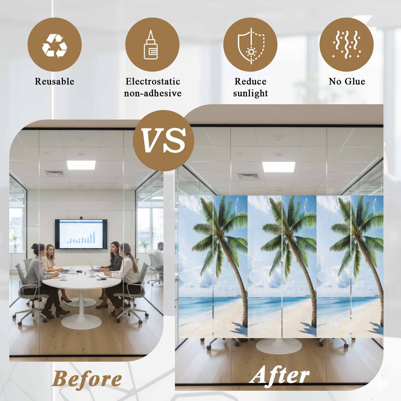 Ocean Beach Window Privacy Film, Coconut Tree Blue Sky Frosted Glass Window Clings Static Cling UV Heat Blocking Reusable Door Sticker for Bathroom 23.6 x 59 Inch