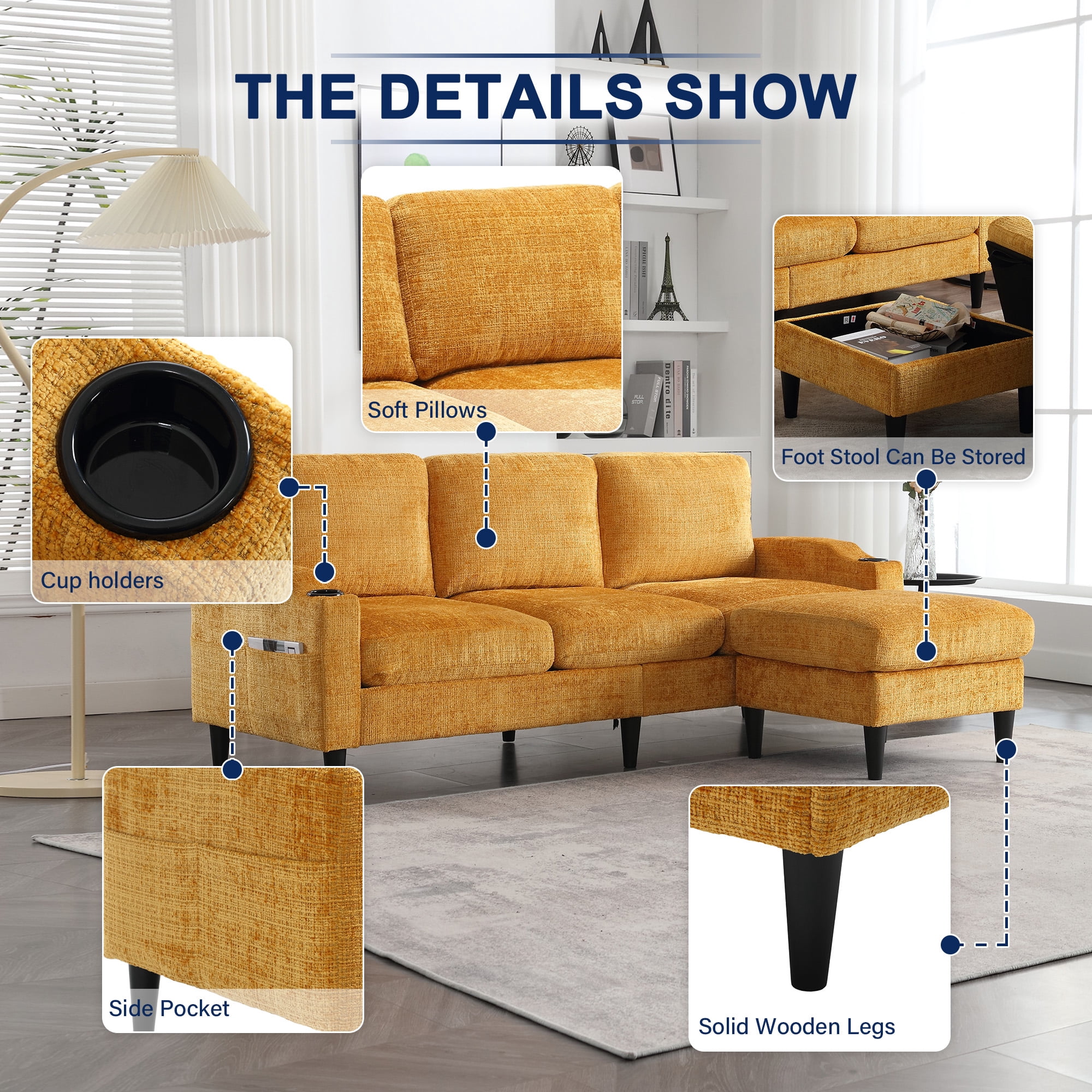MOONMISS Chenille Upholstered L-Shaped Living Room Sofa with Storage Ottoman-Yellow