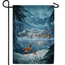 America Forever Winter Mountain Village Garden Flag, 12.5 x 18 inch Double Sided, Scenic Deer Wildlife, Alpine Town Scene, Nature Outdoor Decoration Yard Banner
