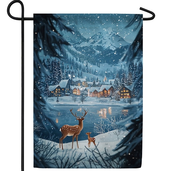 America Forever Winter Mountain Village Garden Flag, 12.5 x 18 inch Double Sided, Scenic Deer Wildlife, Alpine Town Scene, Nature Outdoor Decoration Yard Banner