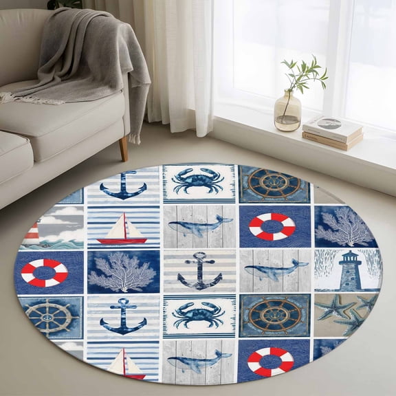 Nautical Coastal Round Area Rug 4Ft Washable Circle Rugs for Bedroom Dining Room, Ocean Anchors Animals Starfish Shells Blue Non-Slip Carpet Floor Mats Indoor Outdoor Carpet Runner Home Decor