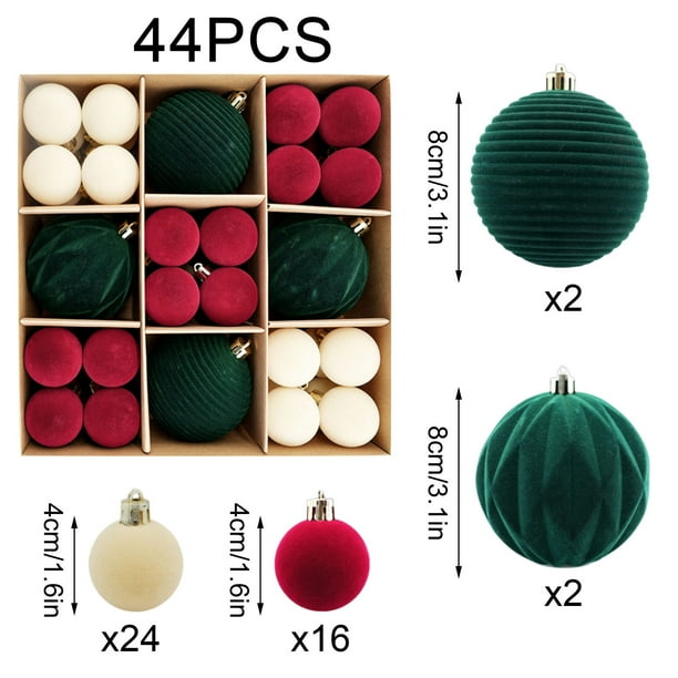 Juego de bolas navideñas de terciopelo 44 piezas | Adornos de árbol de plástico flocado 8cm 4cm | Rojo Verde Multicolor | Bolas decorativas para colgar para árbol de Navidad, hogar, decoración