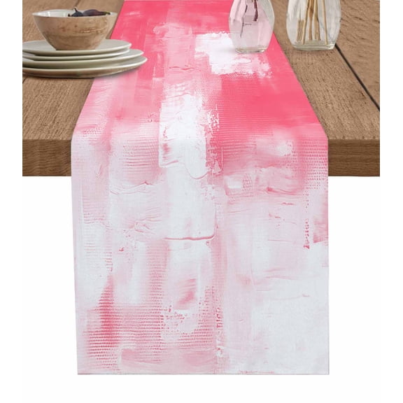 ERUNPONLY Abstract Pink Table Runner - 70 Inch Long Modern Graffiti Art Geometric White Paint Cotton and Linen Blended Dress Scarves Farmhouse Table Runner for Kitchen Dining, Coffee Table, 13" x 70"