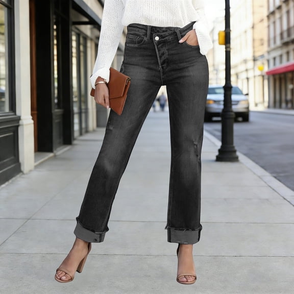 Womens Jeans Casual Straight Leg High Waist Comfortable Denim Pants Slim Fit Trousers for Women Black L